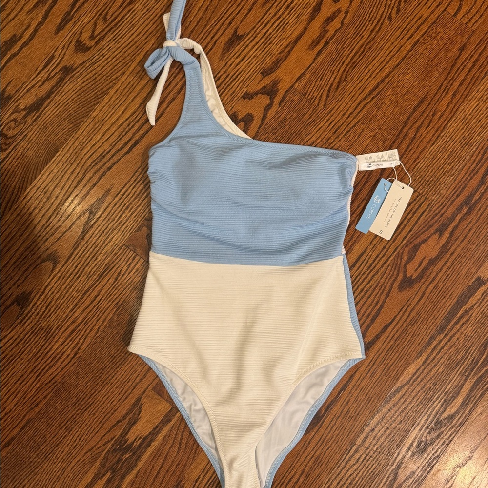 Cupshe Kids One-Shoulder Swimsuit in Sky Blue and Ivory
